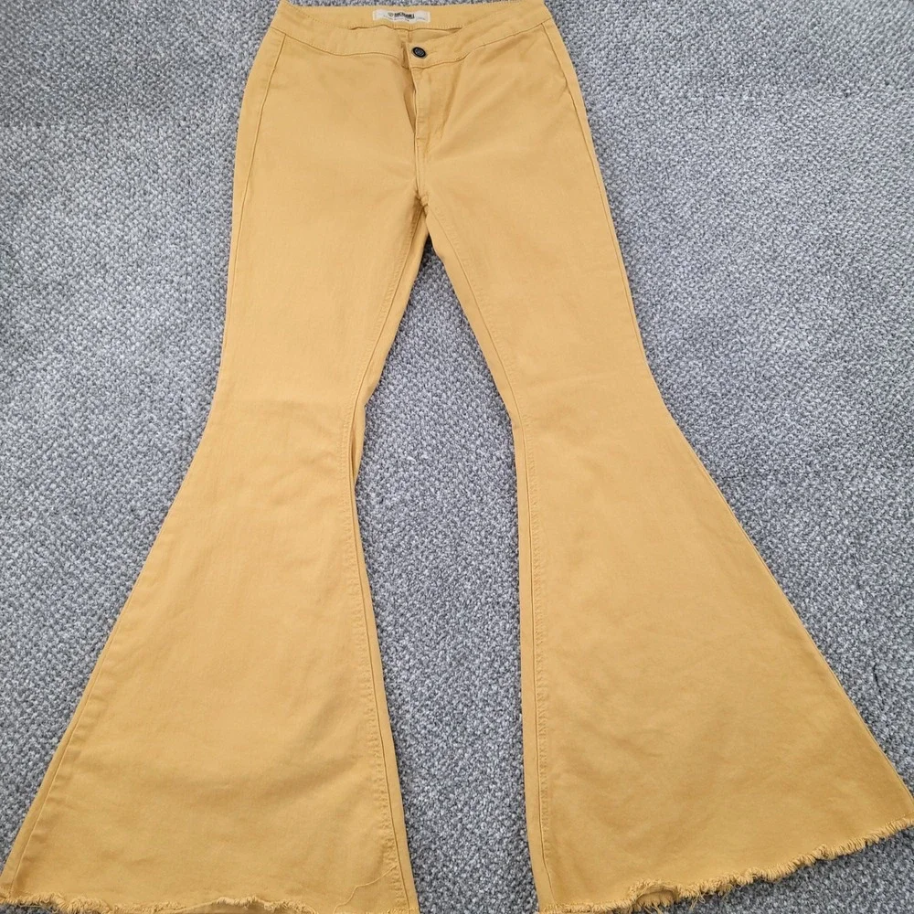 Rock & Roll Denim Mustard Yellow Bargain Button Bell Flare Jeans 29x34 Raw Hem